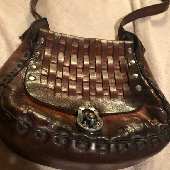 RARE vintage stamped Mexico  basket weave tooled leather shoulder hobo rare gem! - Picture 12 of 16